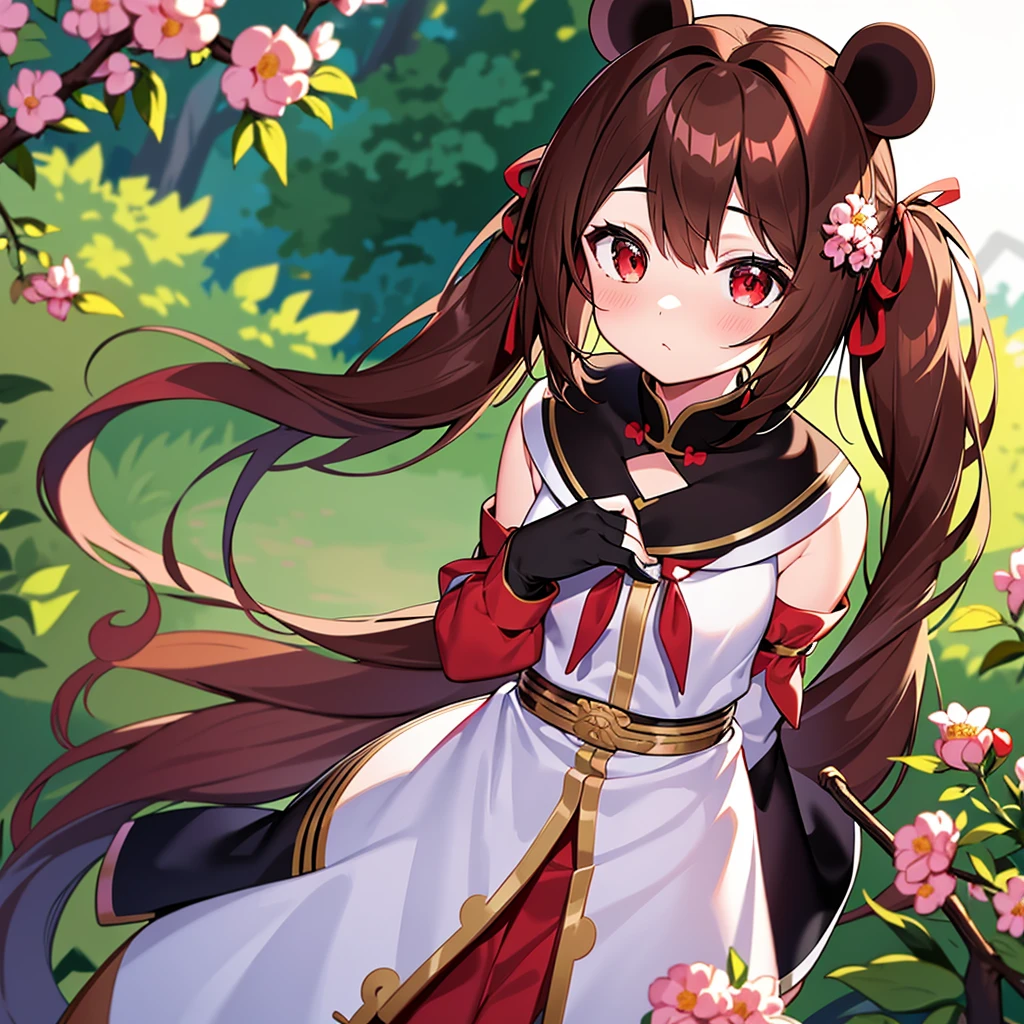 blushing, red eyes, brown hair, Twintail, long hair, Masterpiece, high resolution, best quality, Highly detailed, high resolutionสุด, 1 girl, Solo, chest, Panda ears, Hair flowers, student