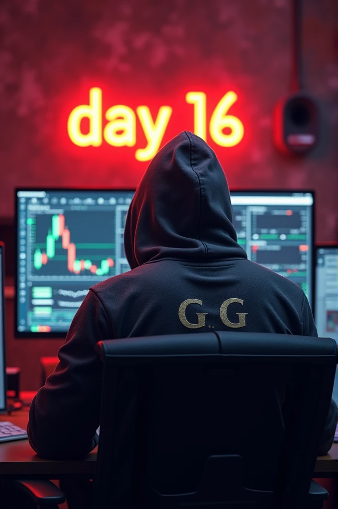 Create a 3d image of a man sitting in trading room on money and working on trading application on his pc the boy face not visible must hoodie and his name "G G" written on the hoodie. Pic from back side pc monitor visible. And wall "Day 16" written on red neon light.