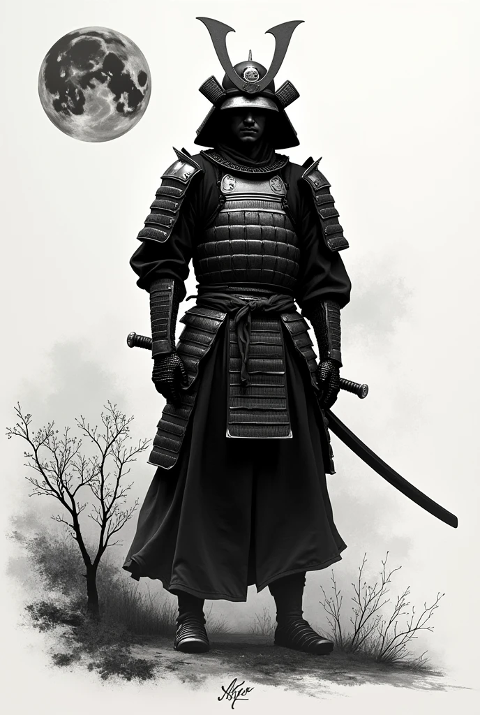 Full body samurai art in black and white