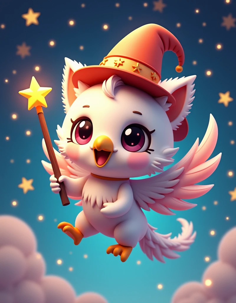 digital 3D artwork, a cute chibi griffin with eagle beak holding magician wand and wear magician hat, she is flying, stars popping arround her