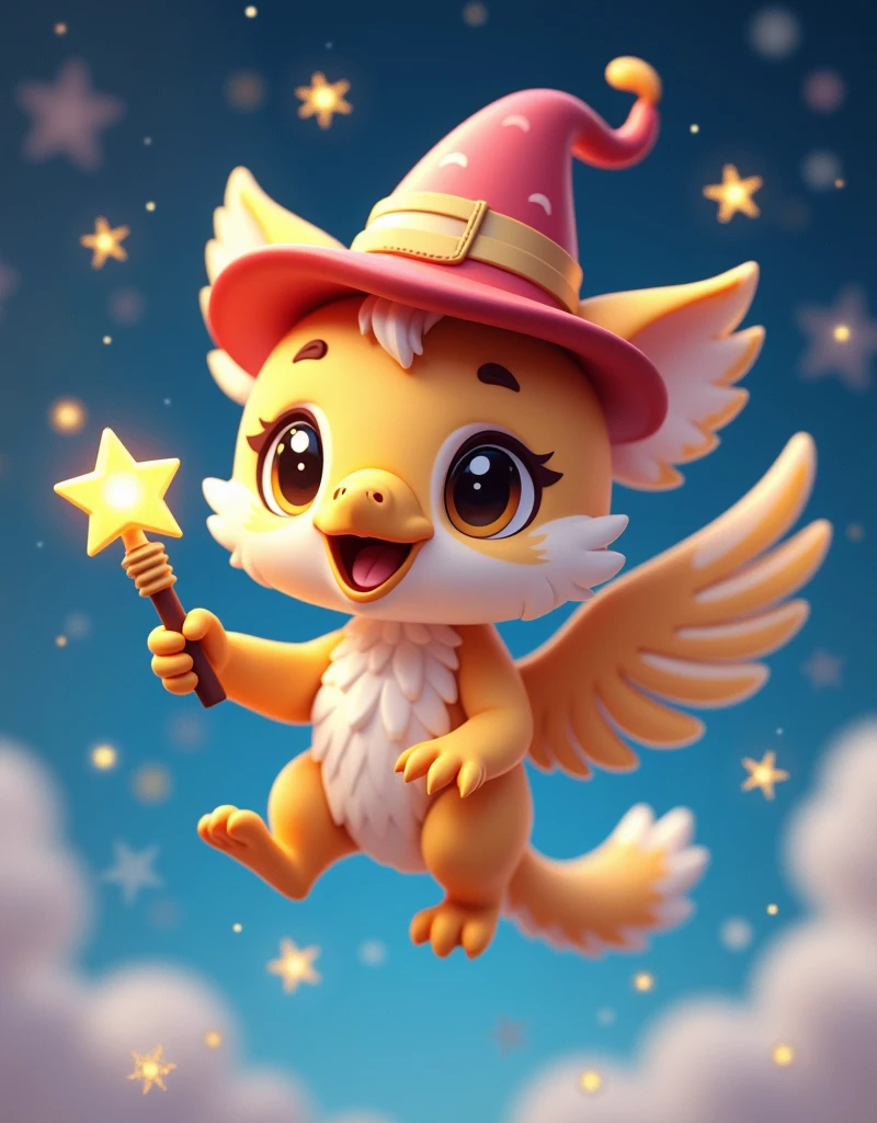 digital 3D artwork, a cute chibi griffin with eagle beak holding magician wand and wear magician hat, she is flying, stars popping arround her