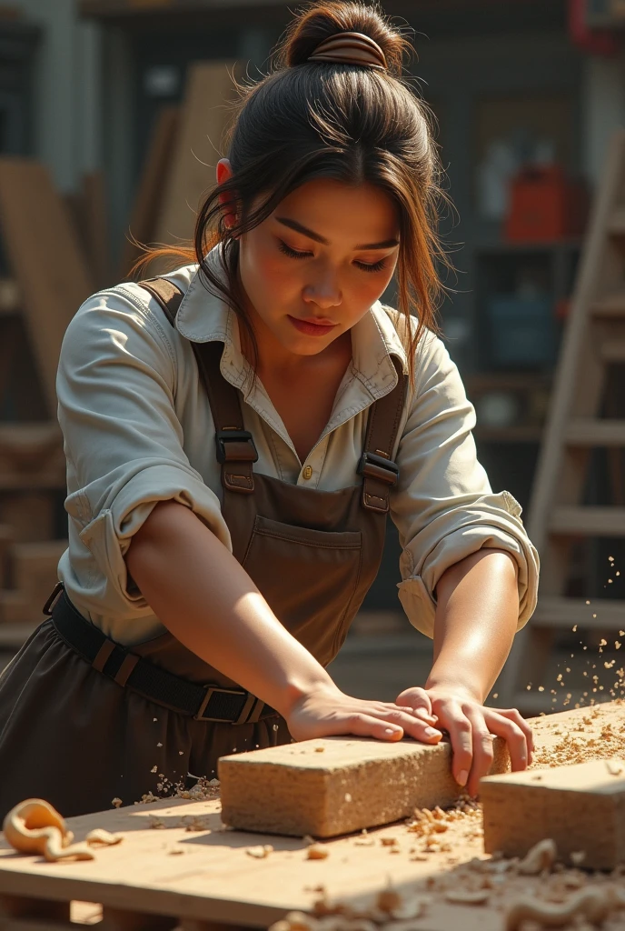 Wood cutting for women using cutter machine