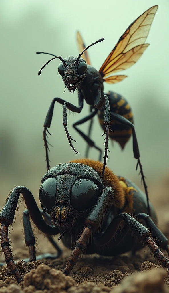 Mutanted ant on a dead mutanted bee