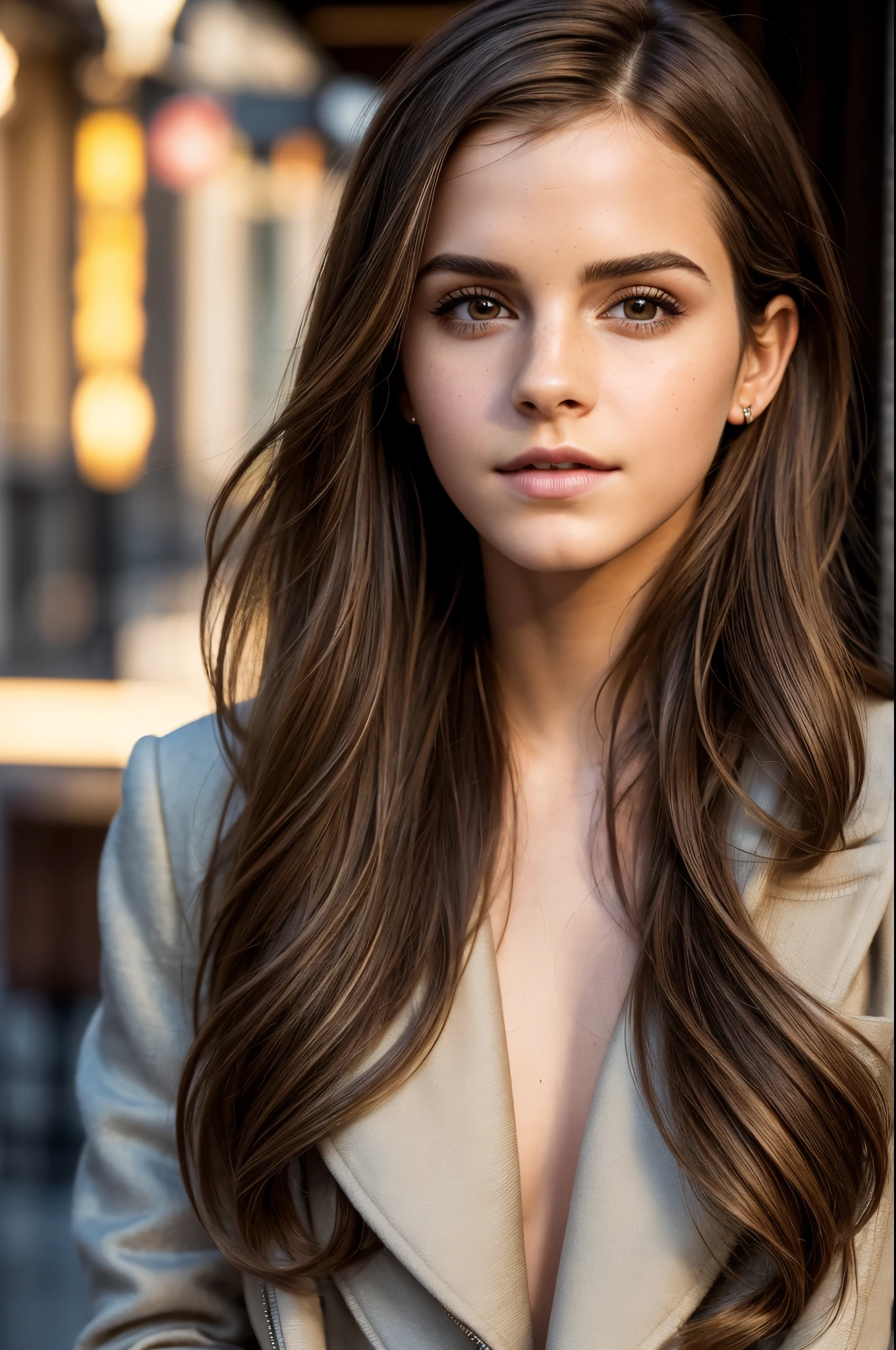 (high quality, realistic:1.2), portrait, beautiful flowing hair, beautiful Emma Watson, wearing a sexy jacket, detailed eyes, luscious lips, sensual gaze, luxurious texture, shimmering highlights, soft shadows, subtle smile, impeccable makeup, perfect skin tone, varied golden hues, mesmerizing presence, extraordinary attention to detail, immaculate shading, flawless complexion, expressive eyebrows, long eyelashes, graceful pose, stylish and confident demeanor, striking contrast between the jacket and hair, professional photography, rich color palette, subdued lighting, subtle bokeh effects, glowing complexion, meticulously crafted features, exquisite realism, artistic sophistication.