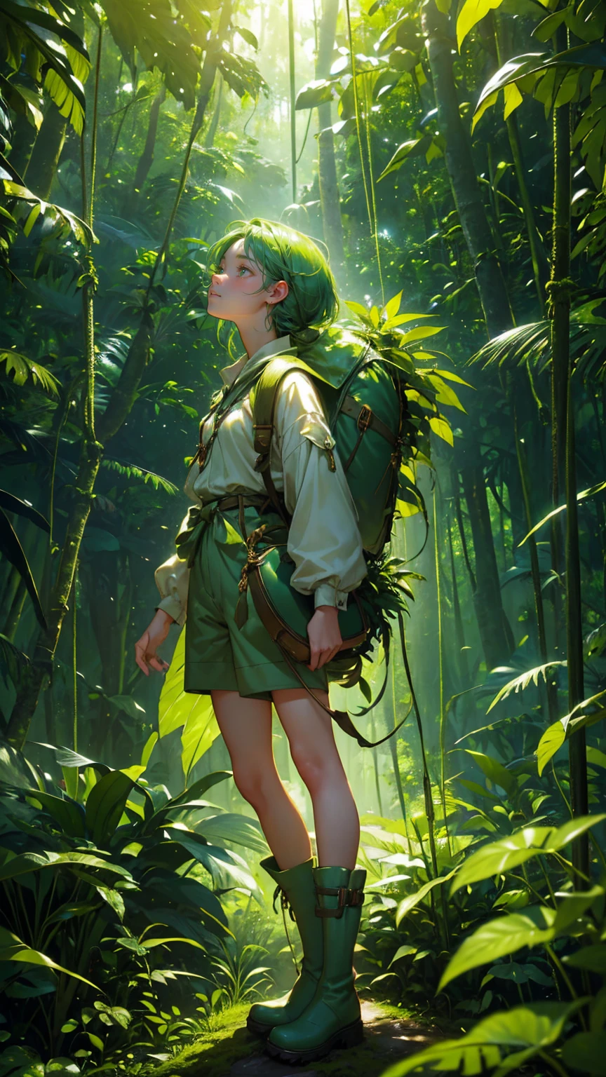 A beautiful, cute girl in a green adventurer's outfit, standing amidst a dense, mysterious green jungle, illuminated by soft beams of light filtering through the tall trees. Her outfit consists of a green tunic, cargo shorts, and sturdy green boots, with a small backpack slung over her shoulder. She gazes upwards in awe as golden cryptocurrency coins gently float down from the canopy above, glowing warmly against the cool green hues of the jungle. The lush environment is filled with large green leaves, vines, and various shades of green foliage, creating an enchanting and serene atmosphere in this hidden, treasure-laden rainforest."