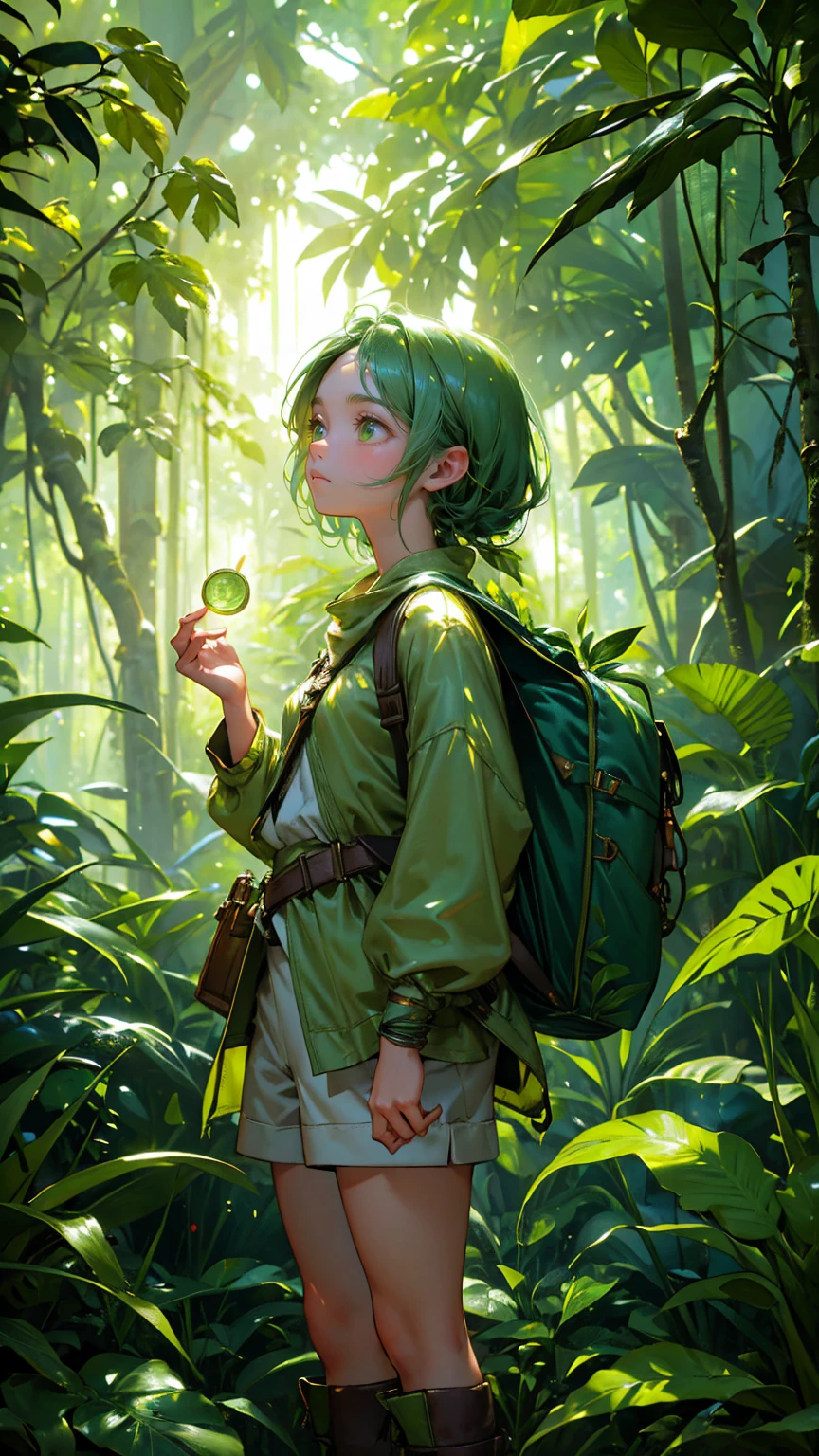 A beautiful, cute girl in a green adventurer's outfit, standing amidst a dense, mysterious green jungle, illuminated by soft beams of light filtering through the tall trees. Her outfit consists of a green tunic, cargo shorts, and sturdy green boots, with a small backpack slung over her shoulder. She gazes upwards in awe as golden cryptocurrency coins gently float down from the canopy above, glowing warmly against the cool green hues of the jungle. The lush environment is filled with large green leaves, vines, and various shades of green foliage, creating an enchanting and serene atmosphere in this hidden, treasure-laden rainforest."