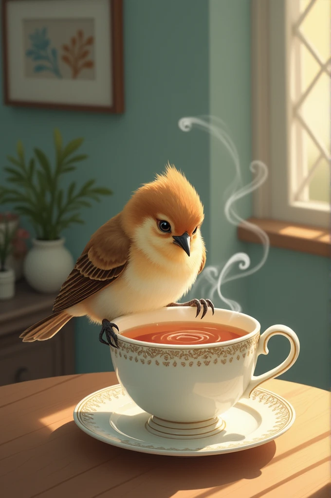 Bir0d hold cup handle of tea with our hand