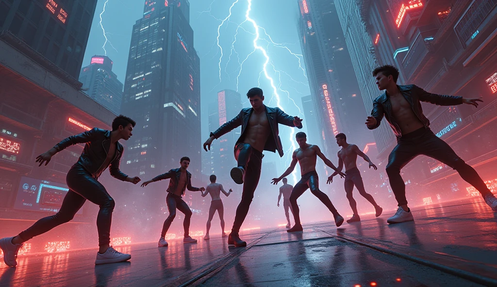 (Ultra detailed), cyberpunk, lightning, particles, robots, shot from above, a male dance group fighting enemy characters.