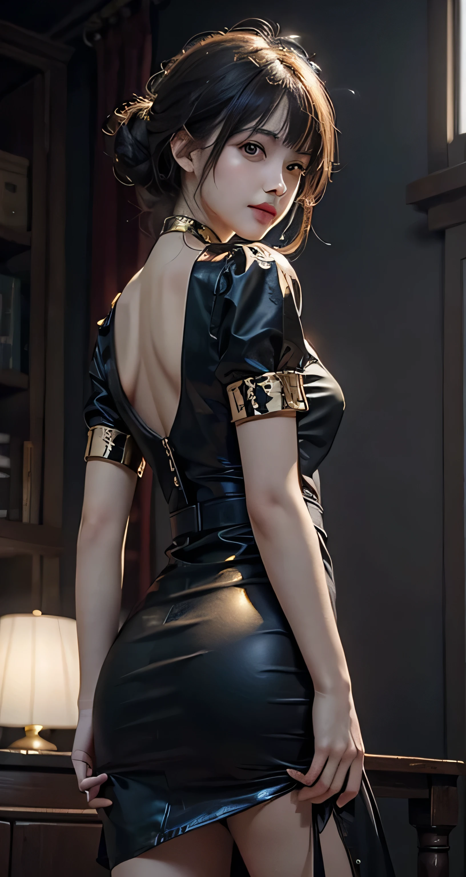 (Raw photography、top-quality)、(realisitic、Photorealsitic:1.3)、top-quality、masterpiece、extremely delicate and beautiful、extremely details CG、Unity、2k wallpaper、astonishing、finely detail、masterpiece、Smile、top-quality、the Extremely Detailed CG Unity 8K Wallpapers、huge filesize、ultra-detailliert、hight resolution、ighly detailed、1girl in、Slim body、(Black skirt:1)、Black Dress、(airy bangs)、(Golden hair)、looking at the viewers、 sharp focus、facial close-up、、perfect anatomia、Contrapo、low angles、pureerosface