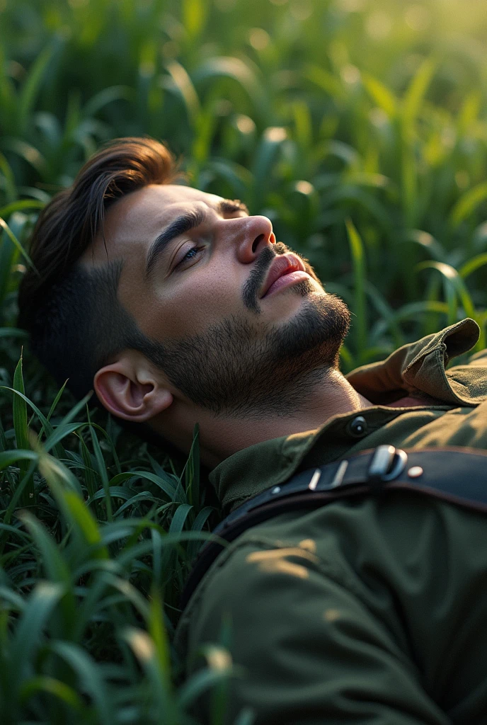 A wounded soldier lying on grass. He's shot in his chest but slightly smiling and his eyes shut 
The atmosphere around him is pleasant 
