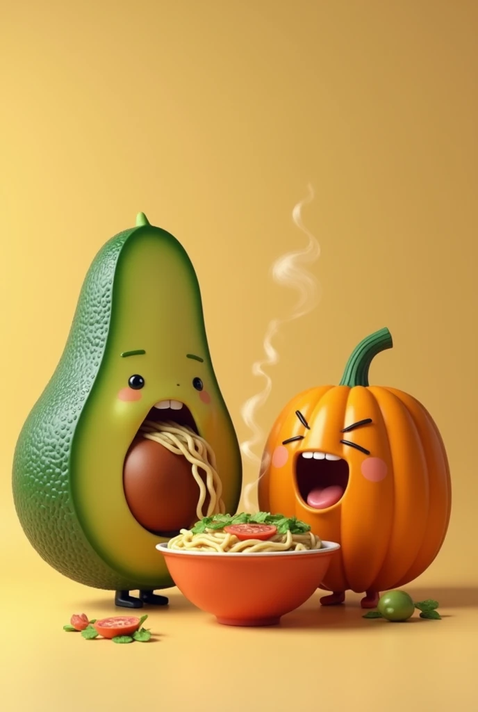 Avocado and pumpkin with face eating ramen