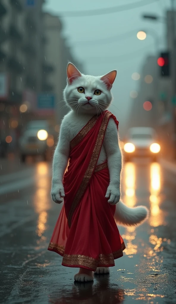 A humanoid havana white cat wearing a red saree standing at the edge of a busy, rain-soaked road, her eyes wide with fear as headlights approach in the distance."