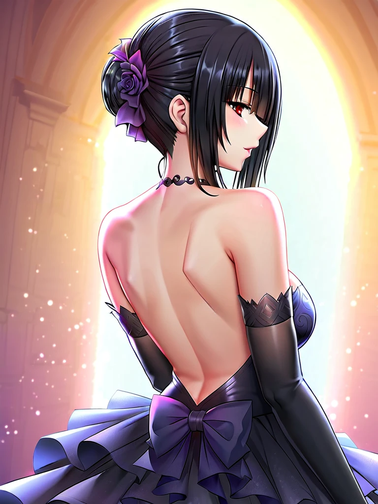 tokisaki kurumi,((masterpiece)),(((best quality))),((ultra-detailed)),((illustration)),((disheveled hair)),((frills)),(1 girl),(solo),Wavy hair secretary,solitary,Exquisite eyes,Fine black hair,( Smooth skin:1.2)( Wear a gorgeous and sparkling evening gown:1.2), Slender body proportions,Back,Gorgeous room,backless outfit,back focus,from behind,Simple background, Blurred Background, Glossy background,long hair,Hairstyle,upper body,Hairstyle
