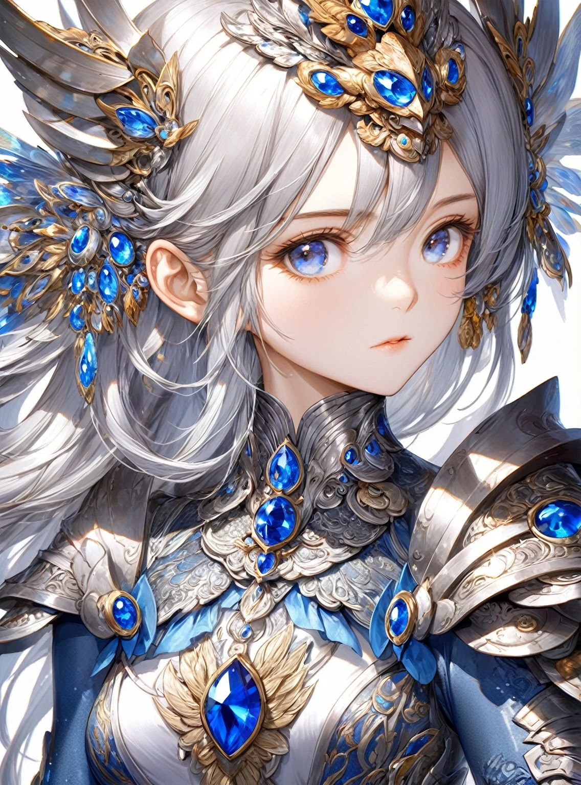 Close-up of woman in silver and blue dress, Chengwei Pan at Art Station, Jan J, Detailed fantasy art, Amazing character art, Fan Art Best Art Station, Magnificent and elaborate character art, Beautiful Armor, Highly detailed art gems, Detailed digital anime art, Art Station pixiv's artgerm, Girl in Armor