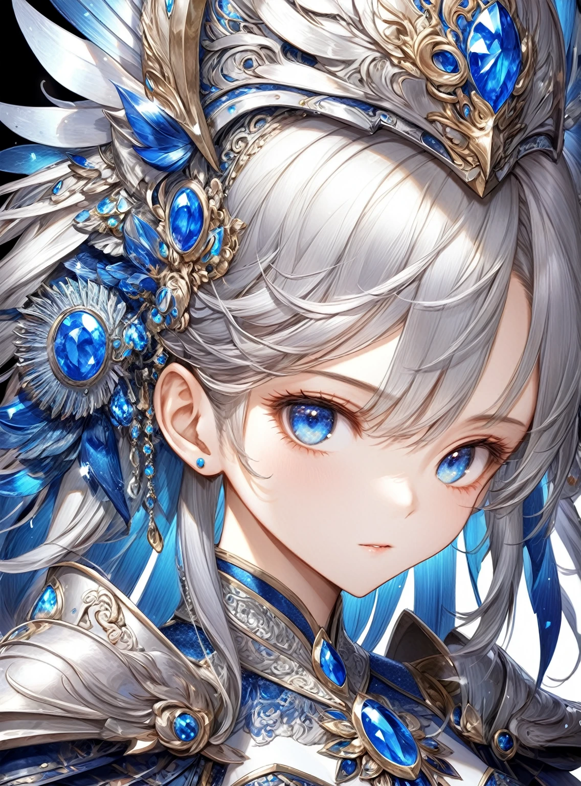 Close-up of woman in silver and blue dress, Chengwei Pan at Art Station, Jan J, Detailed fantasy art, Amazing character art, Fan Art Best Art Station, Magnificent and elaborate character art, Beautiful Armor, Highly detailed art gems, Detailed digital anime art, Art Station pixiv's artgerm, Girl in Armor