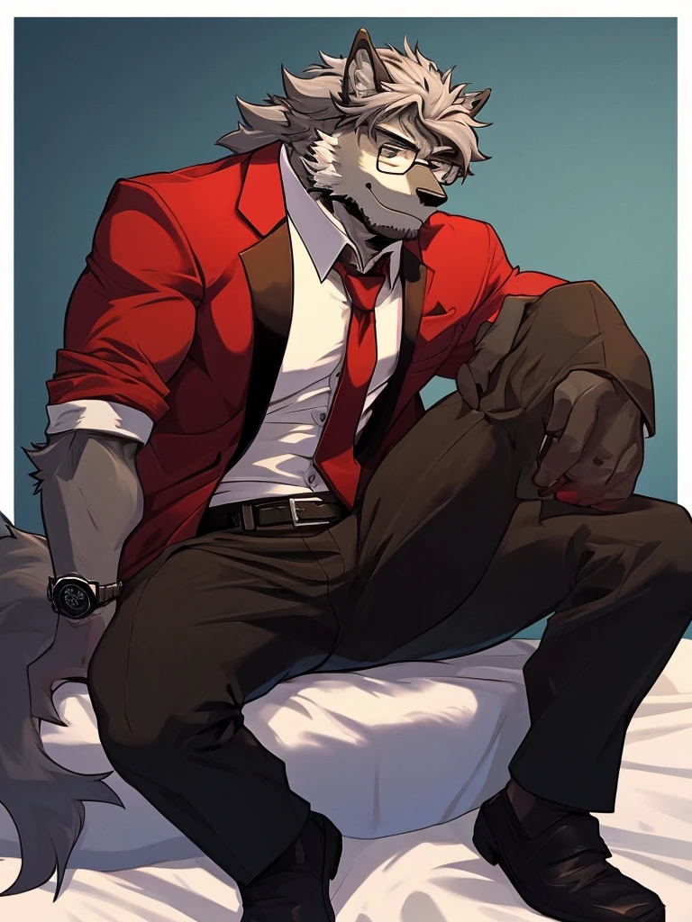 A Very Muscular Furry Gray Wolf. He is wearing A Black Pants with a belt And A Red tie And And a black suit. He have a frowny face. He is looking at you. He have A Gray Very messy hair. His right hand is on his leg And his left hand is holding a White and red Can. He is wearing a black glasses. He is sitting on the Bed. He have a lot og fur on his arm and his hand. He have A Watch on His Arm