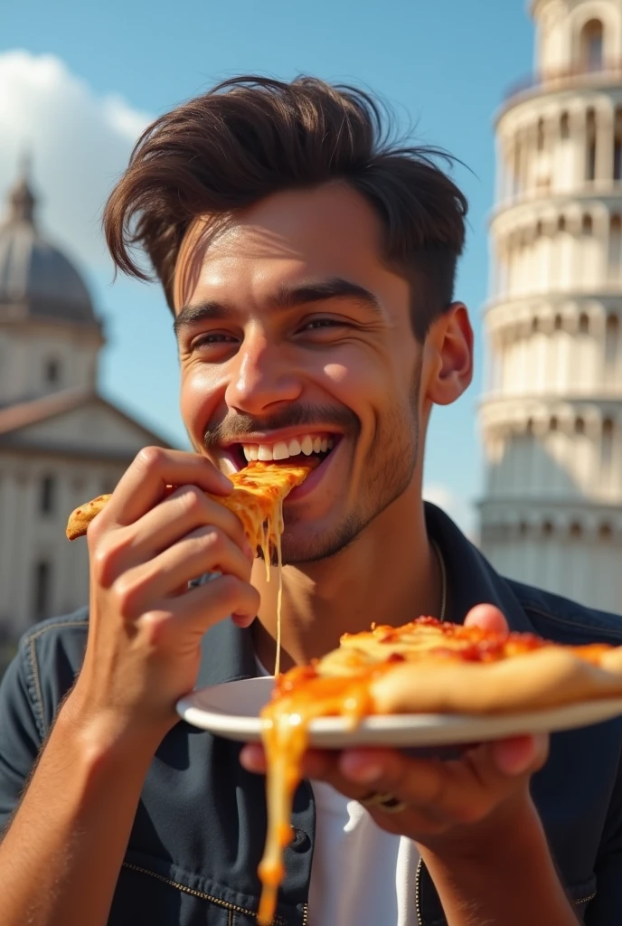 photographyrealistic, a young man italian, Smile, pizza, pisa. ultra hd