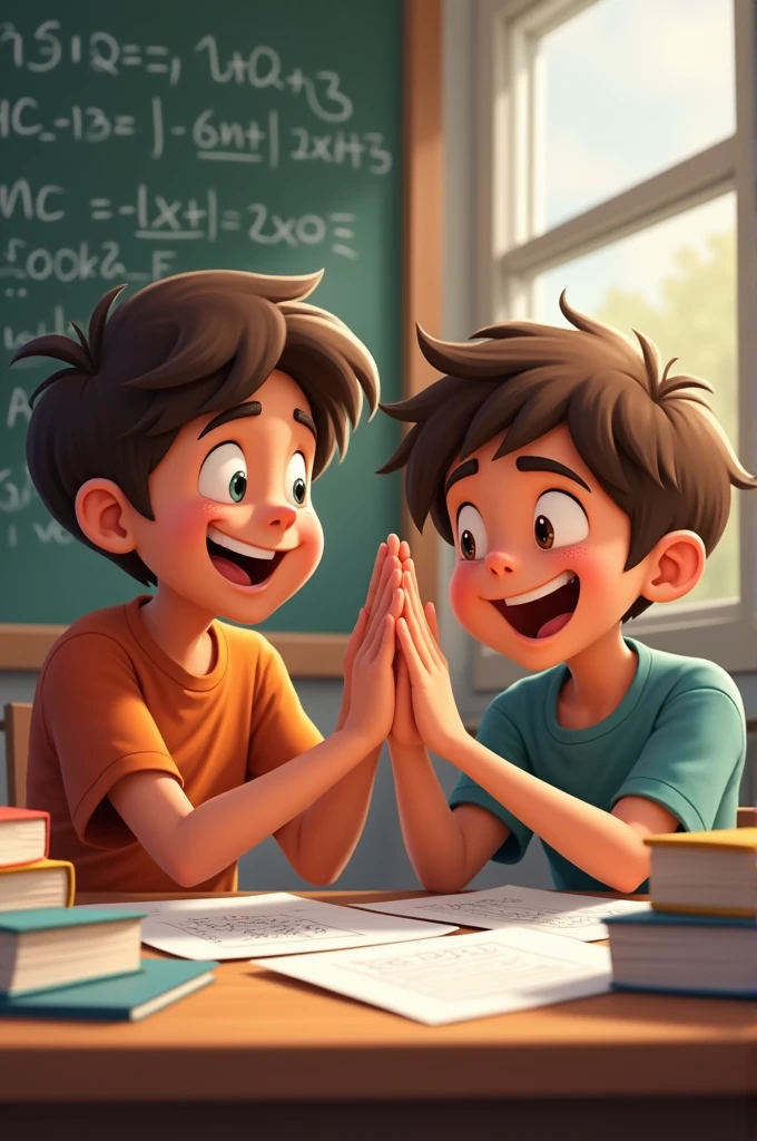 Two boys sitting at a desk, surrounded by textbooks. One boy explains a math problem, and the other boy’s face lights up in understanding. They high-five and laugh together, feeling accomplished. Other side