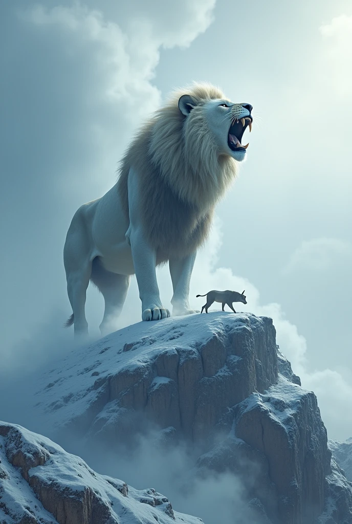 A big giant lion roared on a icy mountain peak with all animals on an land hearing a lion sound and covered with fog and smoke