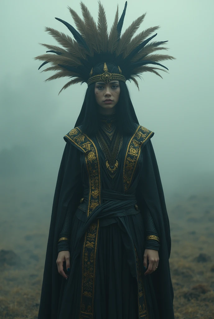 The scene is atmospheric and open, ancient sacrificial pictures, smoky and full of smoke, 1 female human with head cover bird feather, black robe with gold tribal pattern, black inner clothes, (detailed costume details, detailed clothing light sense), faintly appearing, detailed bird feather details, cumbersome and complex picture feeling, (full of weird and mysterious pictures), the background is cloudy, realistic photos, 8k, elegant pose facing camera