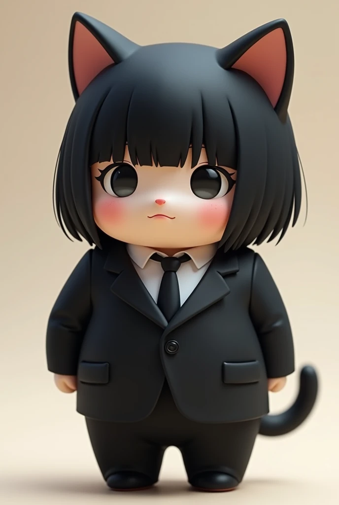 Imagine a character about 30 cm tall, which makes it quite small and compact. He has straight black hair, that falls into a simple and elegant fringe. The face is a little more rounded, since the character is kind of fat, which gives it a more cuddly and friendly look.
He wears an impeccable black suit, which is fitted to accommodate your fuller figure. The suit consists of a jacket and well-cut trousers, matching with a white shirt and a black tie.
His nose and mouth have feline characteristics., which gives it a cat-like feel. The nose is small and triangular, and the mouth is a cat's mouth. he is of the masculine gender