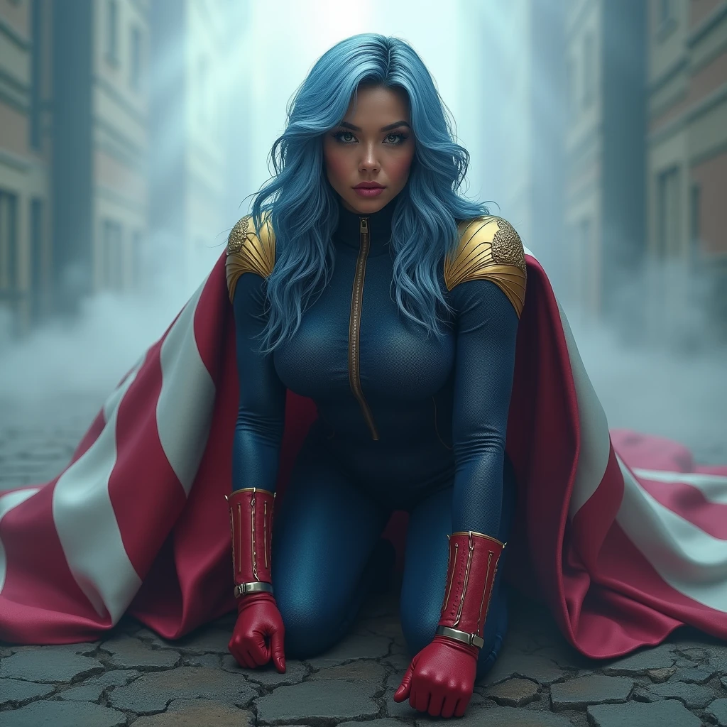 A powerful superhero character in a dramatic action pose, kneeling on one knee with her fist on the ground, causing small cracks on the surface. She's a beautiful biracial latina woman. She wears a dark blue, textured full bodysuit with golden eagle heads on the shoulders and wears red gloves until her elbow. She have got long light blue hair, light blue eyes, large breast, and she has a stern, determined expression on her face. A large American flag cape billows behind her, adding a sense of movement to the scene. The atmosphere around her is misty, with beams of light piercing through the clouds, highlighting the figure in a heroic manner, photorealistic 