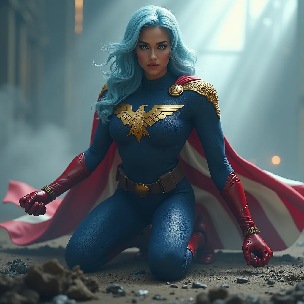 A powerful superhero character in a dramatic action pose, kneeling on one knee with her fist on the ground, causing small cracks on the surface. She's a beautiful biracial latina woman. She wears a dark blue, textured full bodysuit with golden eagle heads on the shoulders and wears red gloves until her elbow. She have got long light blue hair, light blue eyes, large breast, and she has a stern, determined expression on her face. A large American flag cape billows behind her, adding a sense of movement to the scene. The atmosphere around her is misty, with beams of light piercing through the clouds, highlighting the figure in a heroic manner, photorealistic