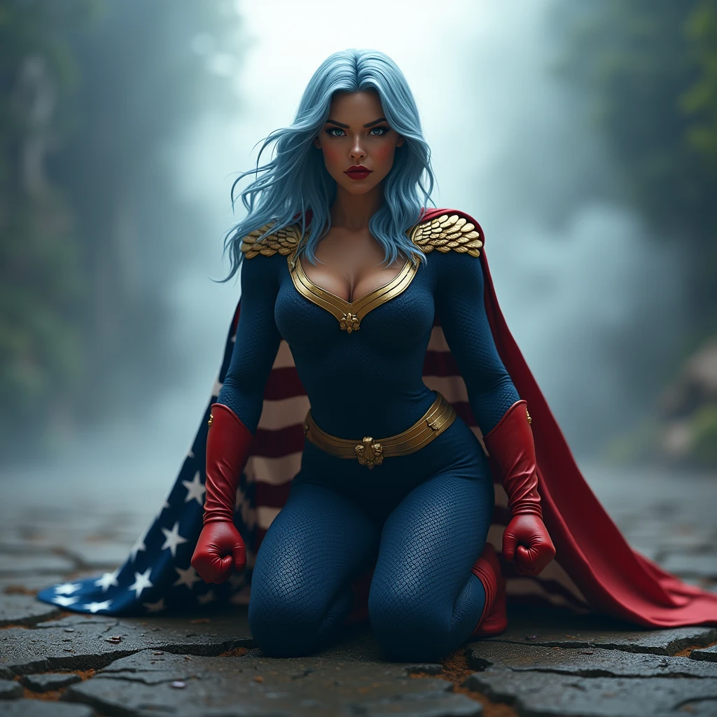 A powerful superhero character in a dramatic action pose, kneeling on one knee with her fist on the ground, causing small cracks on the surface. She's a beautiful biracial latina woman. She wears a dark blue, textured full bodysuit with golden eagle heads on the shoulders and wears red gloves until her elbow. She have got long light blue hair, light blue eyes, large breast, and she has a stern, determined expression on her face. A large American flag cape billows behind her, adding a sense of movement to the scene. The atmosphere around her is misty, with beams of light piercing through the clouds, highlighting the figure in a heroic manner, photorealistic