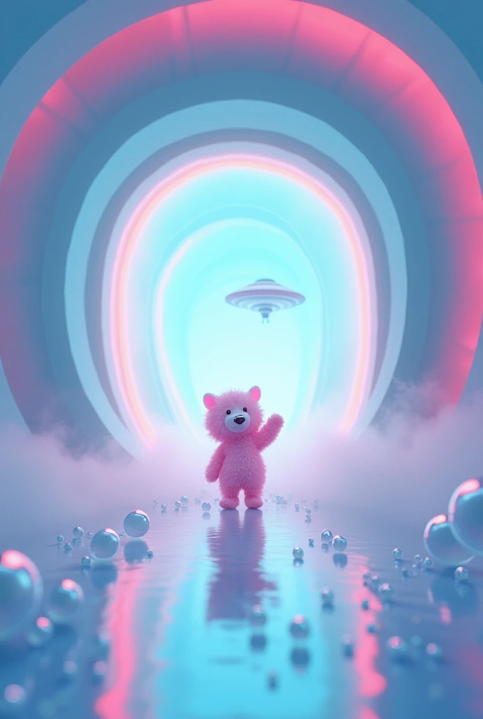 Surreal，The overlapping circular lines continue all the way to the back，Gradually getting smaller，Gradation，neon，Wrapped in a beautiful mist，Fluffy alien at the entrance，Baby pink hand raised，Countless transparent spheres rolling around，Strawberry flash light，UFO，light blue wall，Soft glow