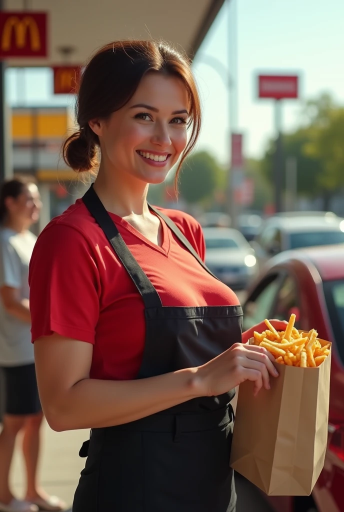 50 years old, white woman, short haire, brun haire, bobbed hairstyle . She has an hourglass figure, massive breasts. ,Wide hips (implants), Prominent buttocks (implants). She's fully clothed, not naked or topless. Context: A sunny day at a McDonald's drive-through. Character: A smiling woman, dressed in the emblematic McDonald's uniform, with a red t-shirt and black apron. Her hair is tied back in a ponytail, and she wears a McDonald's cap. Action: She stands at the drive-thru window, a big smile on her face, holding out a bag full of orders to a car that has just stopped. The aroma of fries and burgers wafts through the air, adding to the lively service atmosphere. Expression: Her face radiates joy and enthusiasm, flashing a genuine smile that makes customers want to come back. She says enthusiastically, “Here's your order, bon appétit!” Atmosphere: In the background, other employees can be seen bustling about, and happy customers waiting for their meals. The sound of cars and light music create a friendly, lively atmosphere. POV view