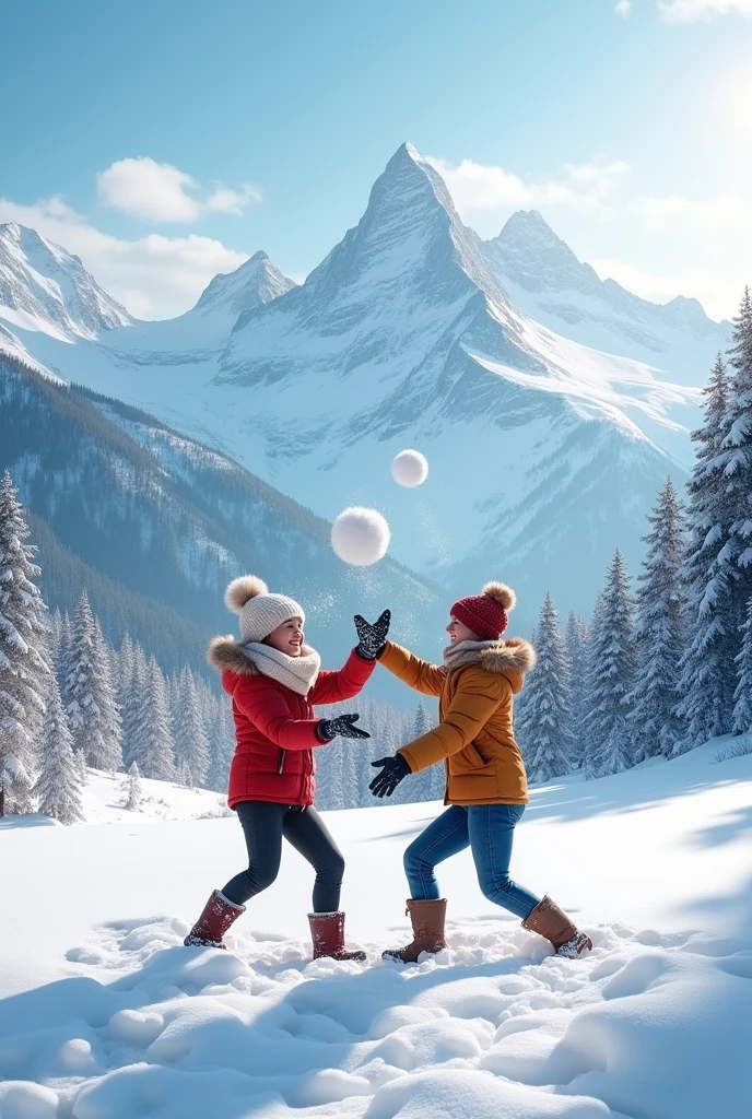 Beautiful mountains cover with snow Where a couple enjoying by throwing snow balls on eachother