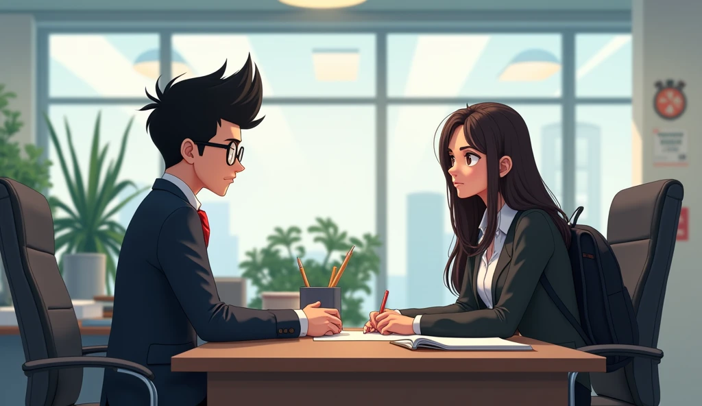 Making a 20 year old boy, tall black hair, A job interview at a 2D animation video game animation company、Wearing glasses、A woman in her 30s with long hair and a black backpack is sitting at a desk、sitting on the other side