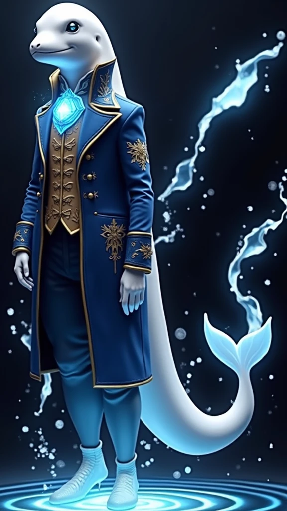 A unique being with a beluga whale's head and a tall, muscular human body. His skin is smooth and white like a beluga's. He wears a blue Victorian-era coat with gold details, and a glowing blue jewel on his chest shines like stars in the ocean's depths. His eyes, filled with blue magic, glow like the night sky. A large beluga tail extends from his lower back, and powerful water magic swirls around him, enhancing his mystical presence.