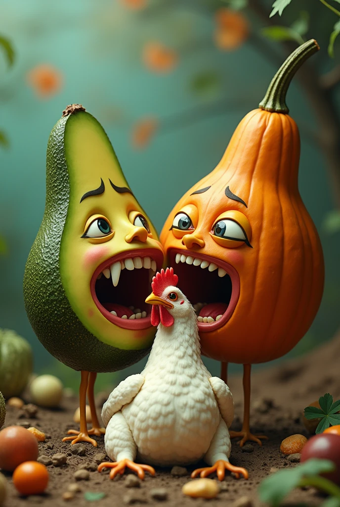 Avocado and pumpkin with face eating chicken