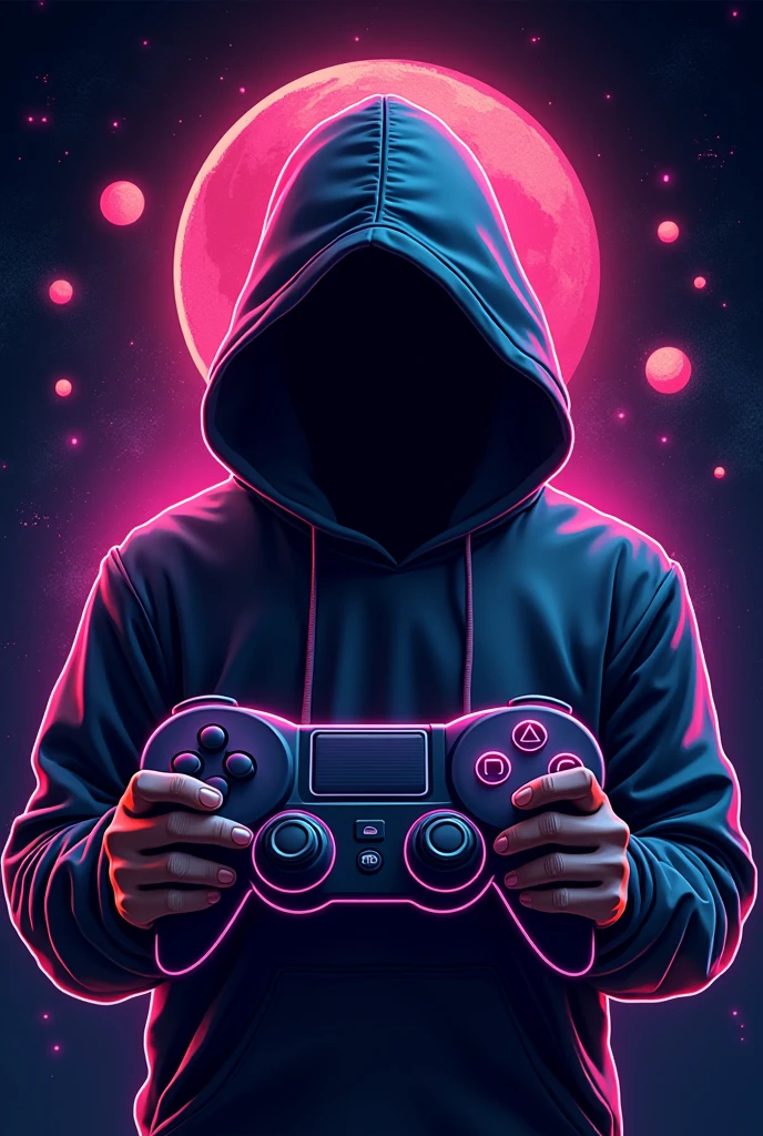 Logo for nerdy goods store, futuristic style with neon lights and colors, showing a pair of video game controllers in the background and a planet, featuring a mysterious hooded character featured