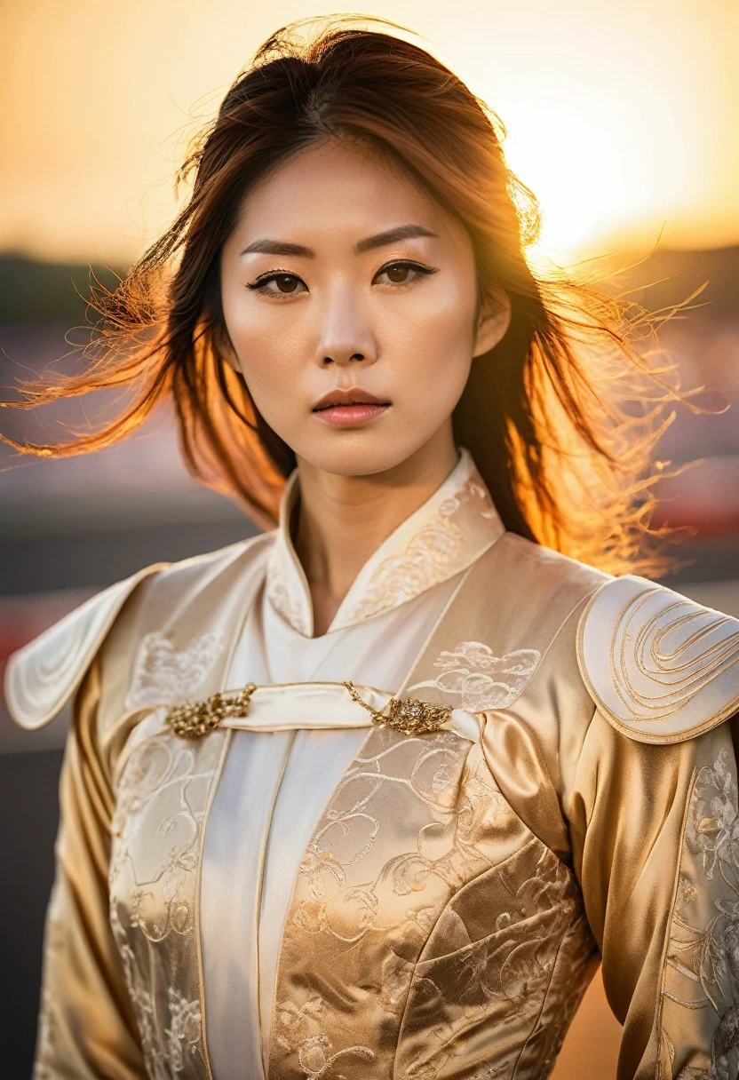 Capture a Japanese race queen in an intense moment at the circuit, with soft, diffused lighting that creates a dreamy and ethereal atmosphere. The image should focus on her poised stance and the intricate details of her outfit, with the sun setting in the background, casting a warm, golden glow.