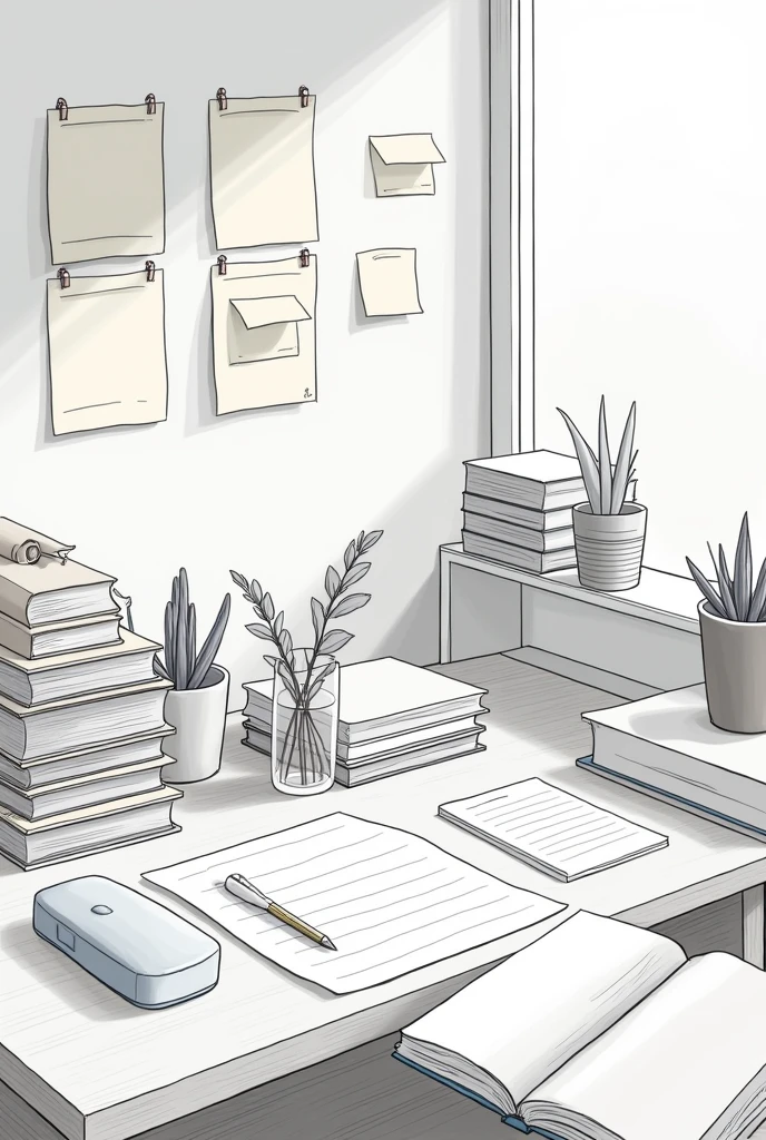 I saw some sticky notes on the wall on the table.。 Books and documents are arranged in order on the left corner of the desk。On the right side of the table is a set,There is a bottle of water and a cup next to it. 。It also looks like an open book on the table。Draw a close-up of the following scene,The focus is on shape and space