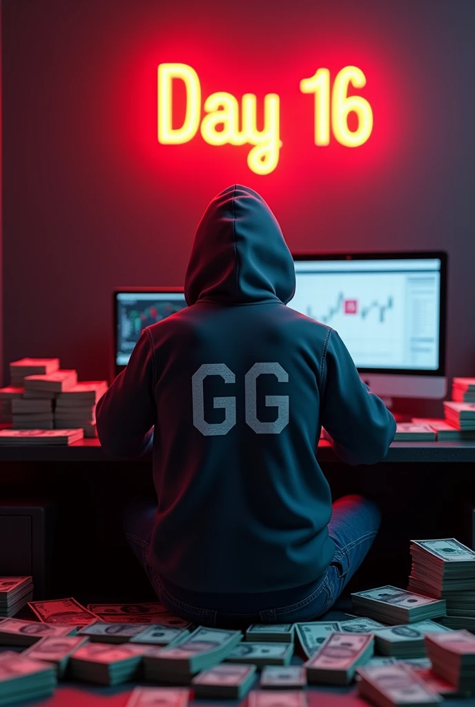 Create a 3d image of a man sitting on the money and working on trading application on his pc the boy face not visible must hoodie and his name "G G" written on the hoodie. Pic from back side pc monitor visible. And wall "Day 16" written on red neon light.