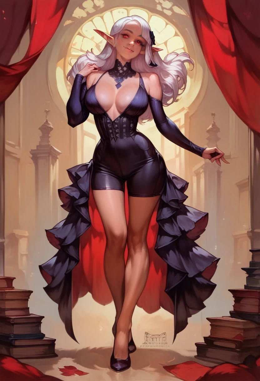 a beautiful elf woman, contemporary dress, shorts pants, and black jaket, goth girl, slut woman, exposed , white hair, red eyes, large detailed eyes, full body, slender body, huge breast smile, photorealistic, 8k, hyper detailed, masterpiece, fantasy, intricate details, volumetric lighting, cinematic composition,