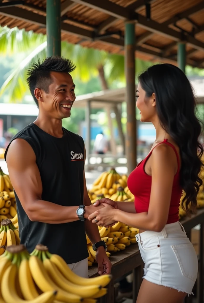 shows a scene of an Indonesian man aged 40 years. fat and short body. short, spiky hair. wear a black sleeveless t-shirt that says "SIMON". and wearing white trousers. With a happy smile, he shook hands with the buyer, a white woman, beautiful and sexy, her breasts were big, so they were clearly visible. wearing a red tank top and white shorts, at the kiosk. around him there are many long bananas. Realistic, super hdr, details, 8K