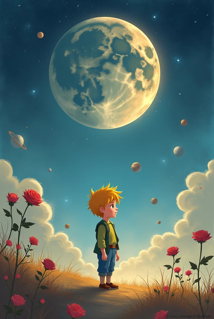 Create a cover image of the little prince&#39;s book but change some things on the cover, If you want, leave the character or the moon or leave the rose