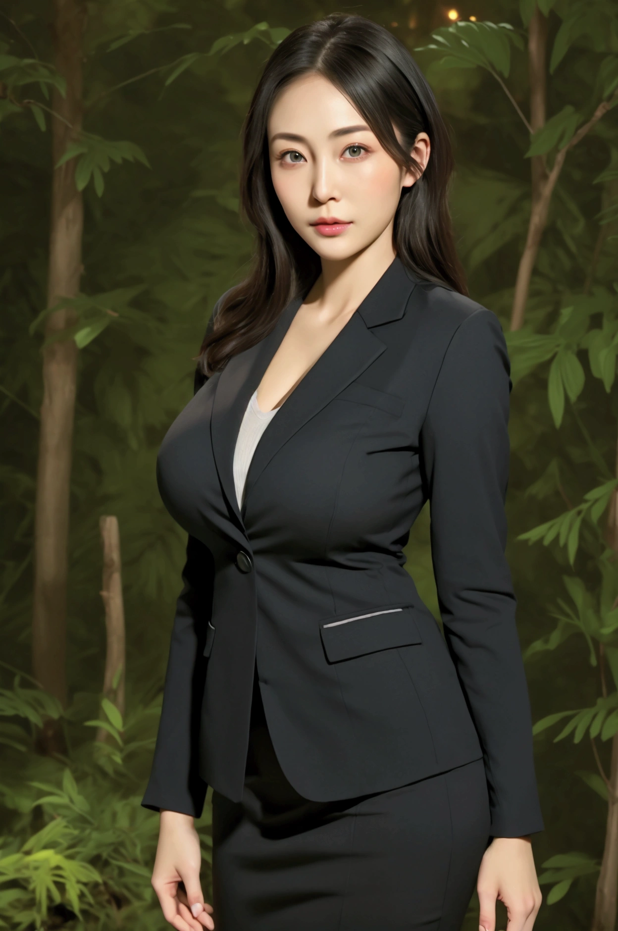 (1 Girl), beautiful, Stunning face and eyes, cosmetic, (极其细致beautiful脸庞), (The sexiest look), (beautiful big breasts:1.1), (best quality:1.4), (Extremely detailed), (Extremely detailed CG unified 8k wallpaper), Very detailed, RAW photos, Professional photography, ((Business suit)), (tight skirt), (Business shirt with opening), outdoor, ((Night Forest)), (Night Sky), Depth of Field,