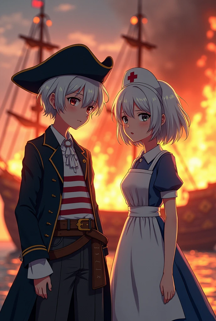 Older but young boy, pirate and nurse, with white hair, a pirate ship on fire in the background. All anime style