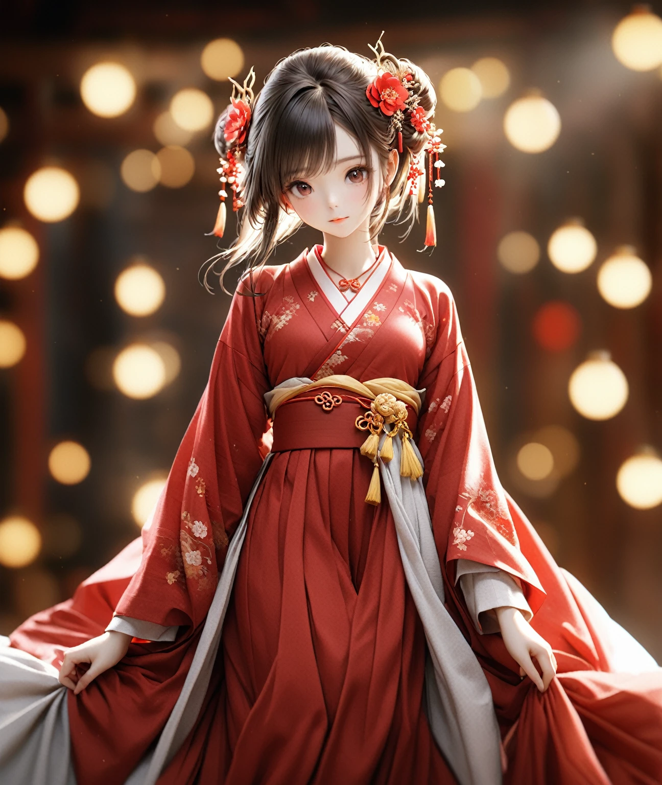 最high quality, masterpiece, High resolution, One girl, Chinese Hanfu,Chinese Architect Background, Red scarf, hair ornaments,necklace, jewelry,Beautiful Face,On top of that_body, Tyndall effect,Realistic, Dark studio, Rim Light, Two-tone lighting,(Skin with attention to detail:1.2), 8k uhd, Digital SLR, Soft lighting, high quality, Volumetric lighting, Frank, photograph, High resolution, 4K, 8k, Bokeh,Girl in a red dress