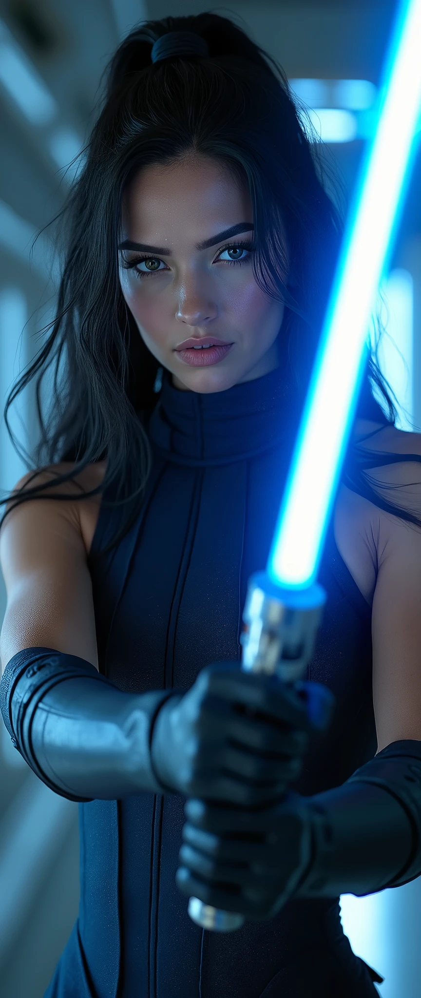 (masterpiece:1.2,Exceptional Quality,mirror-like,Cinematic Experience,Photorealistic:2.0,RAW Photos:2.0),Ultra-high resolution,Super detailed,8k,wallpaper,BREAK(Good anatomy:1.2),(Slutty Makeup:0.5),(Muscular:2.0),(1 female),Black Hair,(Large breasts:2.0), (Elegant body:2.0),(Beautiful Eyes,Sparkle in the eyes,Detailed face,Beautiful skin texture:1.3,Beautiful Hair:1.3),(Beautiful female hands:2.0),(Detailed hands:2.0),(Holding a blue lightsaber:2.0),(Drawing a lightsaber discharge:2.0),(Samurai Stance:2.0),BREAK(He wears a navy blue tight bodysuit reminiscent of samurai armor.:2.0),(The background is the interior of a space fortress:2.0),(Super sexy:2.0),(Very thick thighs:2.0),(Super sensual:2.0),(cyber punk:2.0),(sf:2.0),(VFX:2.0),(Upper body close-up:2.0),(dynamic:2.0),(Serious:2.0)