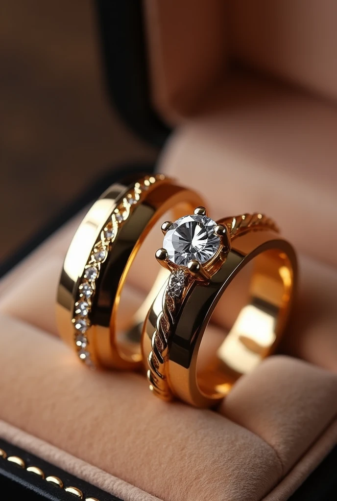 pair of wedding rings and engagement ring in gold color in a velvet box the men's ring is simple, only smooth and matching the women's ring in a soft braided pattern the women's ring has a brilliant minimalist diamond stone reminiscent of a flower with petals and around it a braided finish with small diamonds Inside the rings is written the word "AKAI TO"