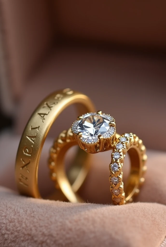 pair of wedding rings and engagement ring in gold color in a velvet box the men&#39;s ring is simple, only smooth and matching the women&#39;s ring in a soft braided pattern the women&#39;s ring has a brilliant minimalist diamond stone reminiscent of a flower with petals and around it a braided finish with small diamonds Inside the rings is written the word "AKAI TO"