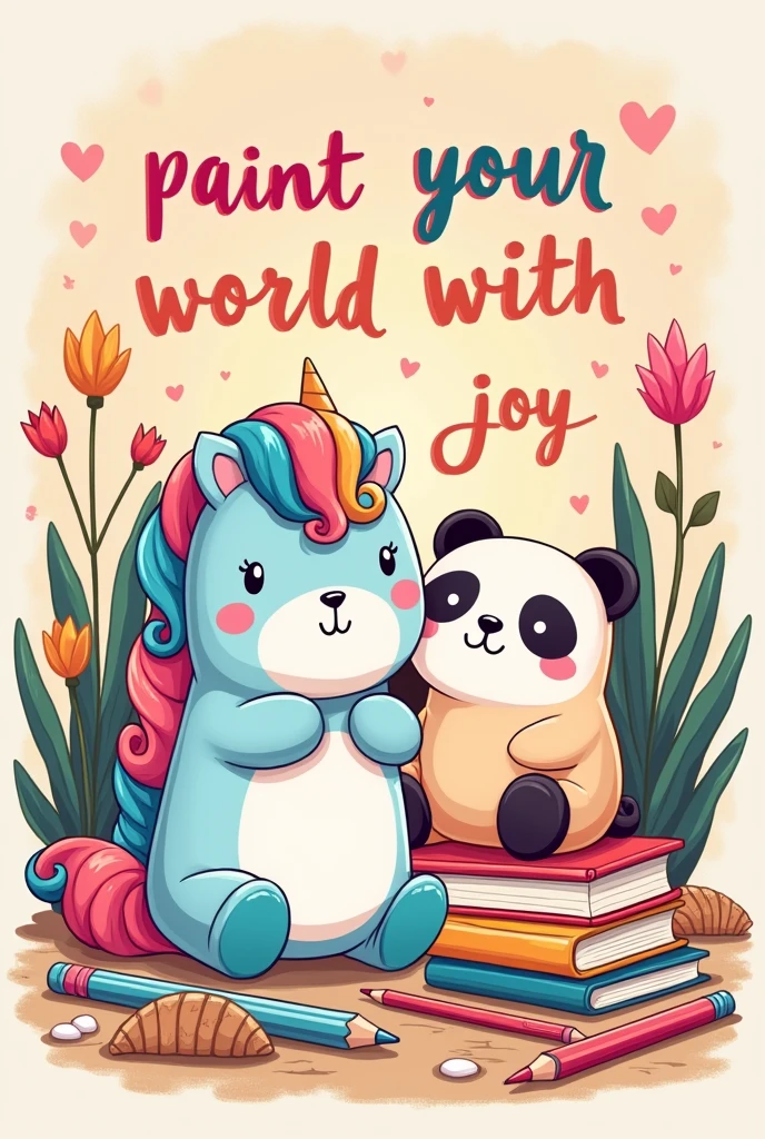 The illustration must feature stationery objects (as colored pencils, pens, notebooks) and two cartoon-style Squishmallows.
The first Squishmallow is a happy unicorn, with vibrant colors and details reminiscent of a teddy bear, with a rounded and cozy shape.
The second Squishmallow is a panda bear, also with a plush appearance and with cute and delicate features.
Both Squishmallows are in different situations/places that suggest a school fun vibe.
Art must have an organic distribution, suitable for shirt printing, avoiding rigid rectangular shapes.
Below this scene, inclua o texto “Paint your world with joy,” styled in a fun and colorful way, with the font color transitioning from pink at the top to yellow at the bottom, imitating a sunset.
The overall art should evoke a sense of school nostalgia and the joy of drawing., reflecting the theme of a high school summer.