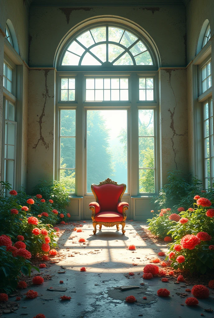 Inside the abandoned room、A gorgeous chair in the middle that isn't broken、windowが多い、wallが壊れている、(window、wall、door、The floor is collapsing:2.0)、White Room、peace、The morning sun is shining and it's bright、(床やwallに満開の色鮮やかな美しい花々is blooming:1.8)、There is no one、front、high resolution、16:9