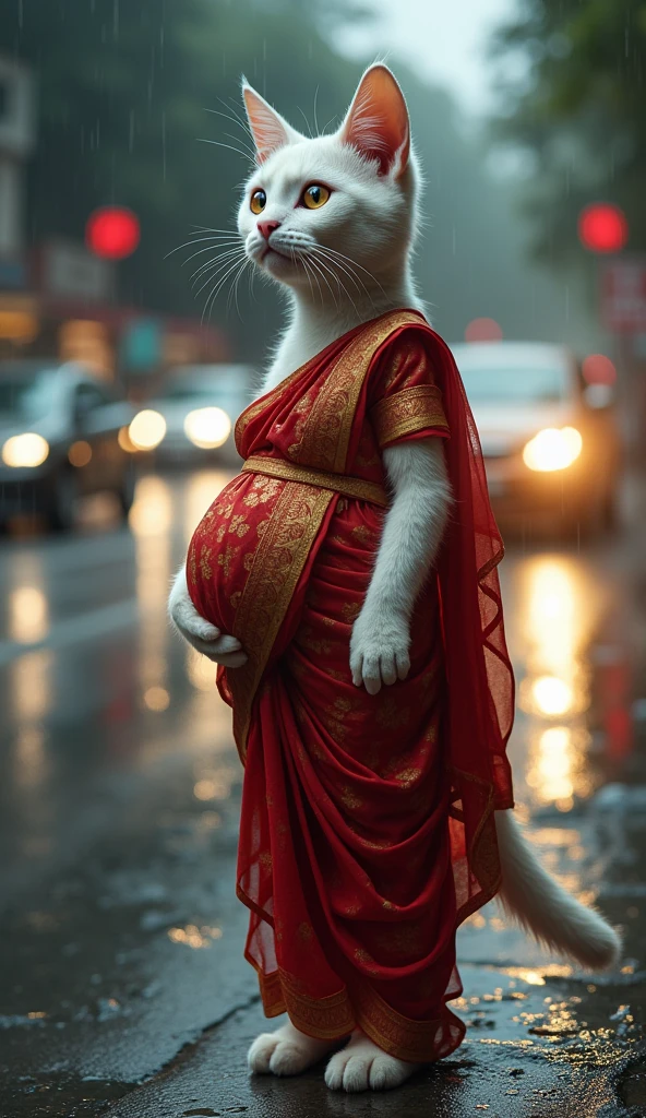A humanoid pragnant white cat wearing a red saree standing at the edge of a busy rain-soaked road her eyes wide with fear as headlights approach in the distance."